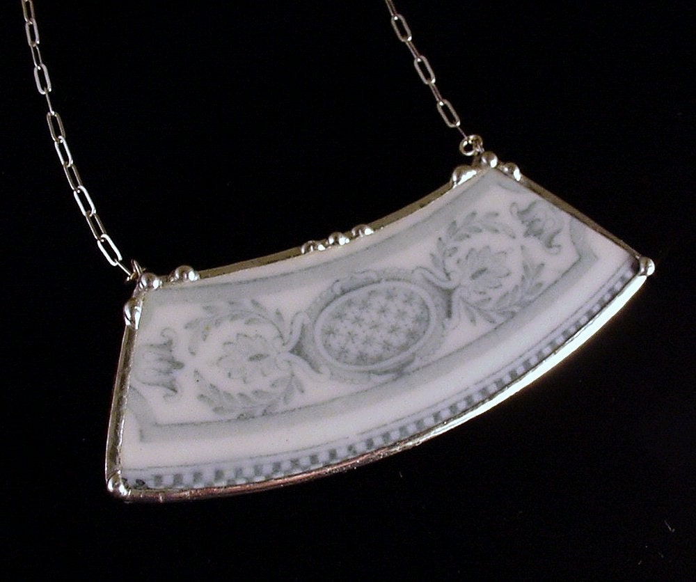 Broken China Jewelry Plate Necklace Ornate Antique Flow Blue Porcelain