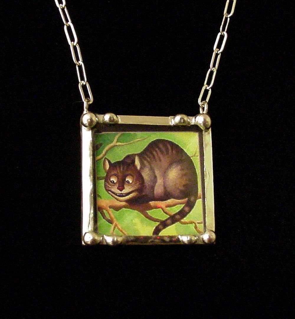 Cheshire Cat behind beveled glass vintage inspired art necklace