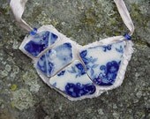 Broken China Jewelry bib style necklace 1880's English Flow Blue antique china
