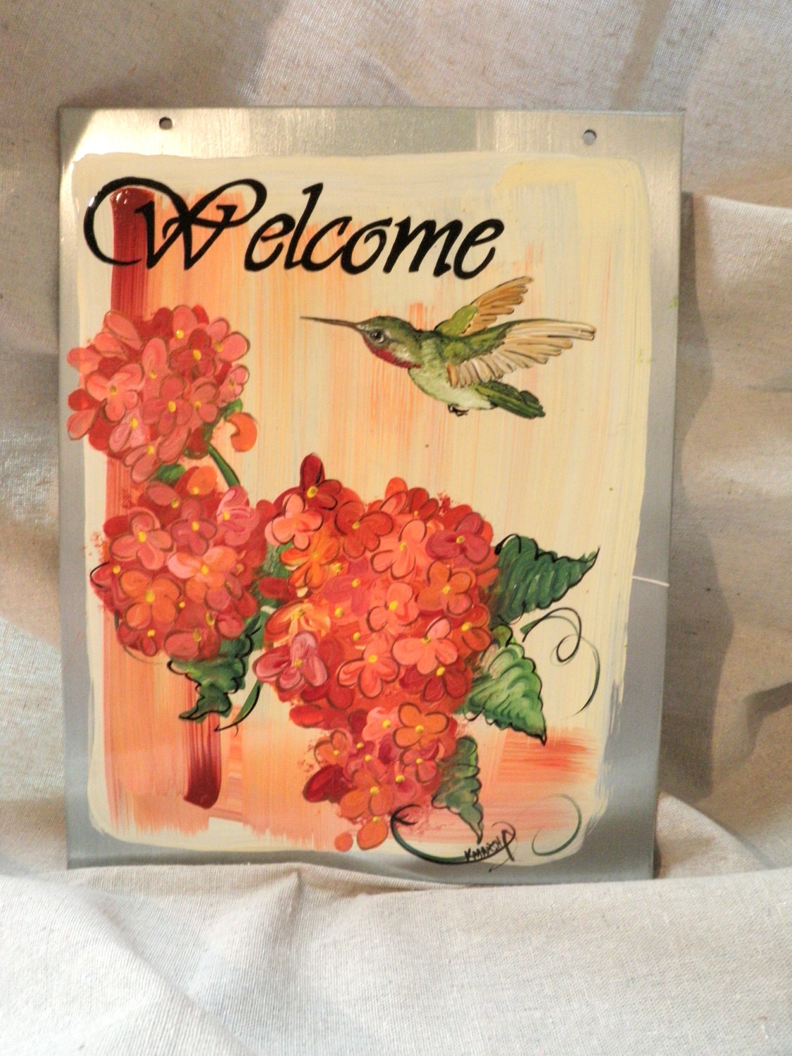Hand painted Hummingbird Orange Hydrangea sign