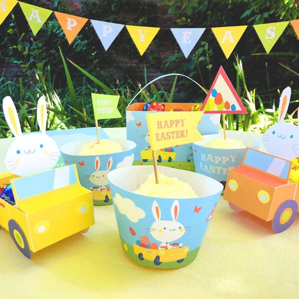 Easter party kit printable pdf favors and decor- bunny car rally Il_570xn