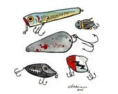 Fishing Lures ink drawing illustration print 8x8