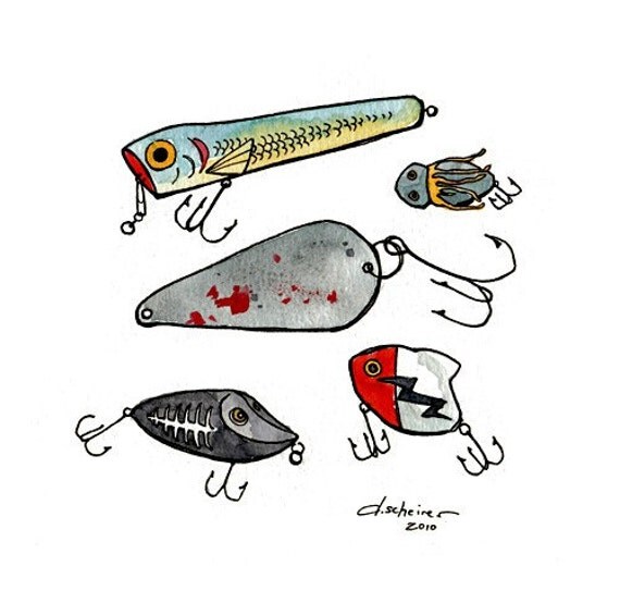Fishing Lures ink drawing illustration print 8x8