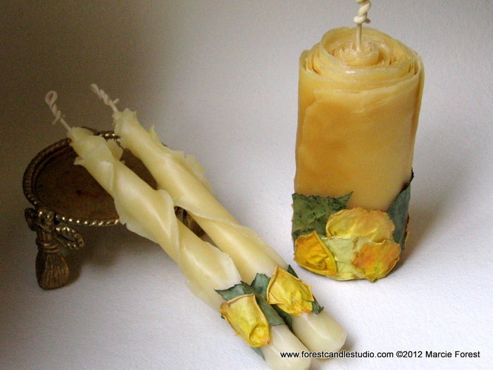 Rose Candle Unity Set, Wedding Decor, Pillar & Tapers Centerpiece, Gift - Beeswax, Rose Petals - Eco Luxury Candles by Artist Marcie Forest