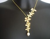 Flower necklace, lariat necklace, Orchids necklace , Asymmetrical necklace (N136), bridal necklace , bridesmaid necklace, wedding jewelry