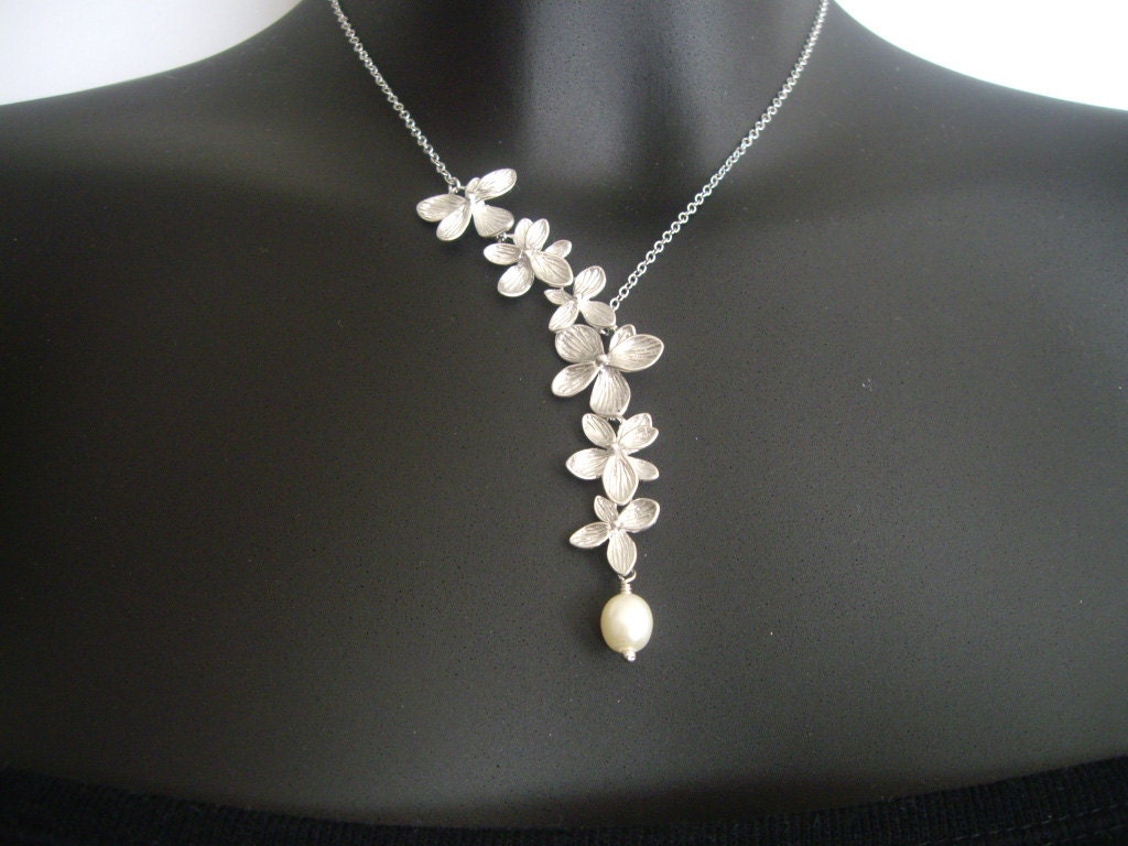 Flower necklace, lariat necklace, Orchids necklace , Asymmetrical necklace (N129), bridal, bridesmaid, wedding jewelry