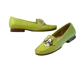 Lime Green Moccasin Penny Loafer Flats with Silver Coins Embellishment // Size 7 1/2 B // Geek Whimsy Fun and Comfort - RetroVintage123