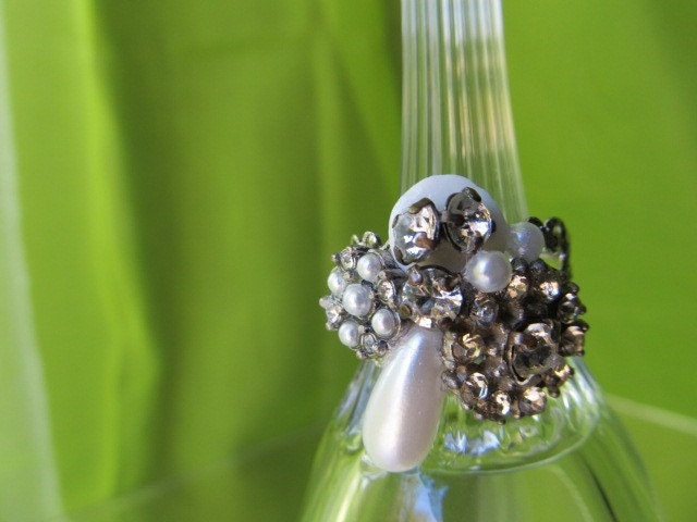 Handmade Crystal Rhinestone Pearl Cluster Ring