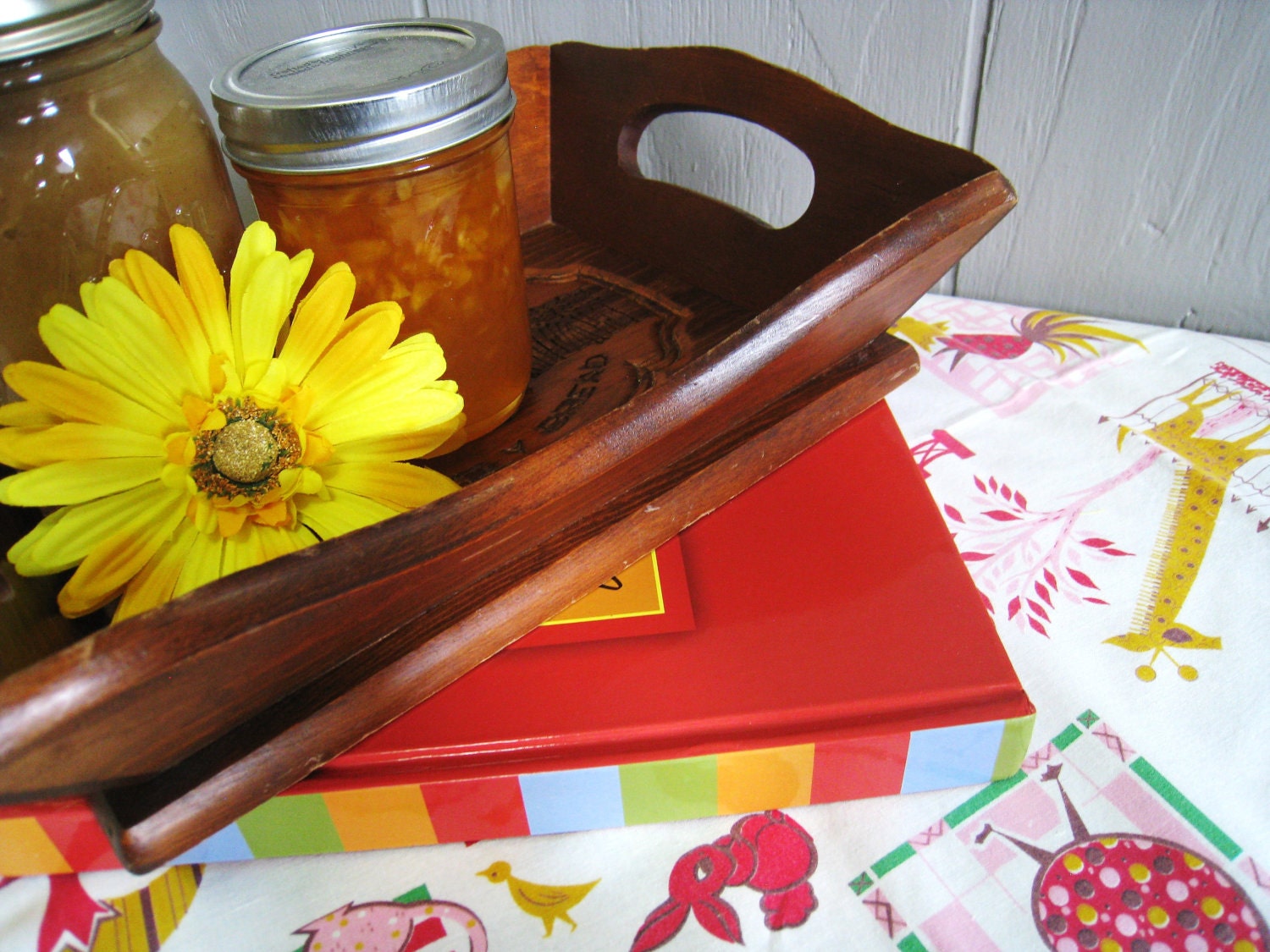 Vintage Table Cloth, Cook Book, Bread Tray Gift Set Home and Living