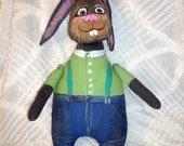 Bunny Rabbit Doll, Handmade, Home Decoration, Art Doll, Hare Ooak Cloth Doll Home Decor Gray Easter Decor Overalls Shirt Blue Jeans