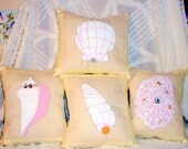 Nautical Art Pillows Handmade Sea Shells Set of 4 Cushion Living Room Home Decor Bed Room Decor Pastel Cream White