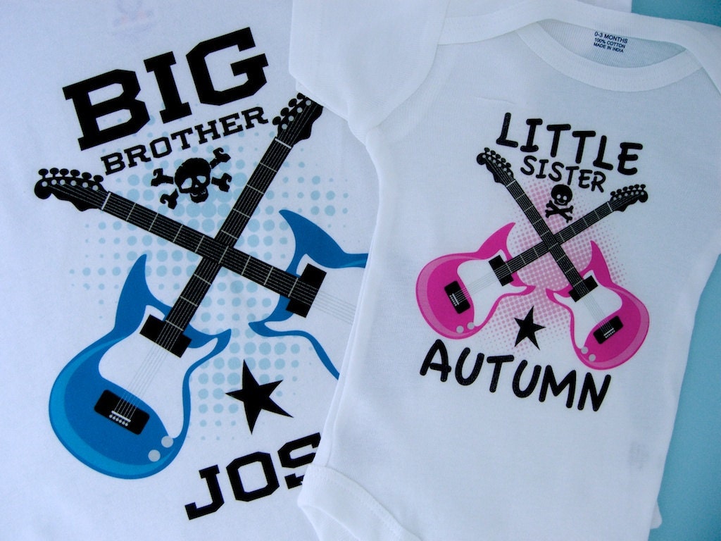 Set of Two Personalized Boys Big Brother and Girls Little Sister Guitar Rocker Shirt or Onesie, Infant, Toddler or Youth sizes t-shirt