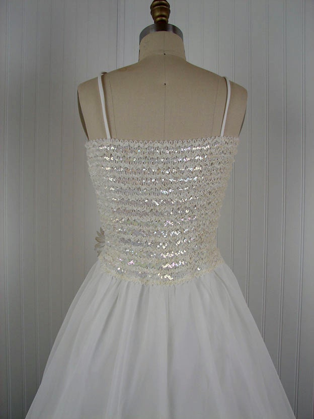 Vintage Wedding Dress - Vintage 1960s 1970s White Chiffon Party Prom Goddess Dress w Sequins S - Frolic
