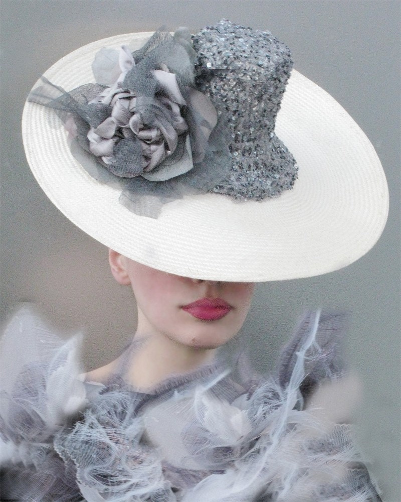 Cream and Dove Grey Sequined Silk Saucer Hat- handmade millinery by Natalilouise