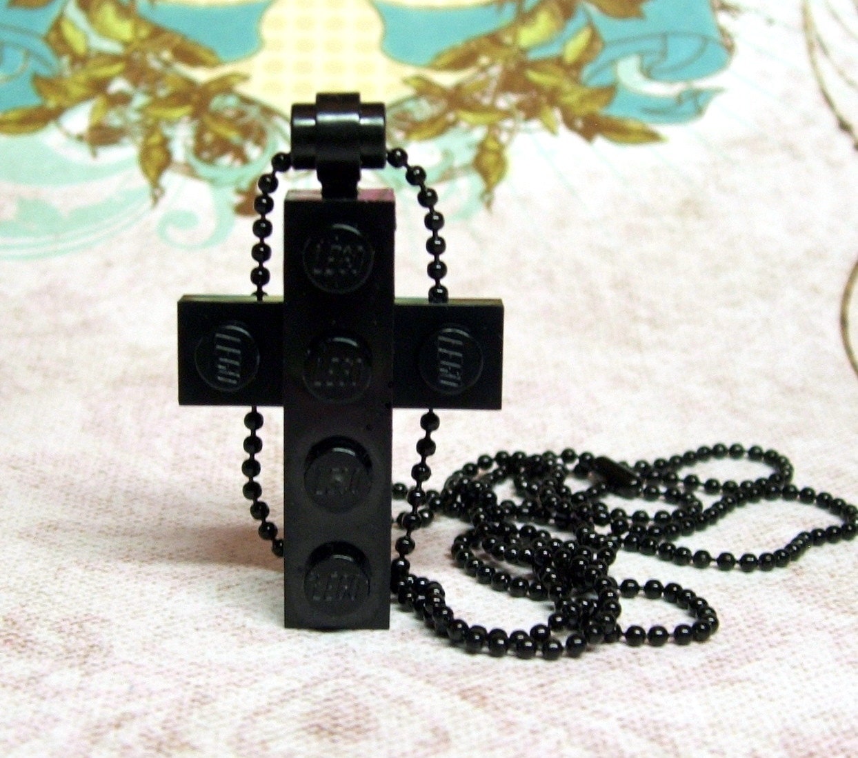 Gothic Black Cross made from LEGO (r) Pieces -  24 inch Lead-Free Ball Chain
