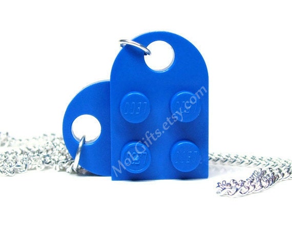 Brilliant Blue Heart Necklace made from LEGO (r) Heart Pieces on a Silver Plated Curb Chain