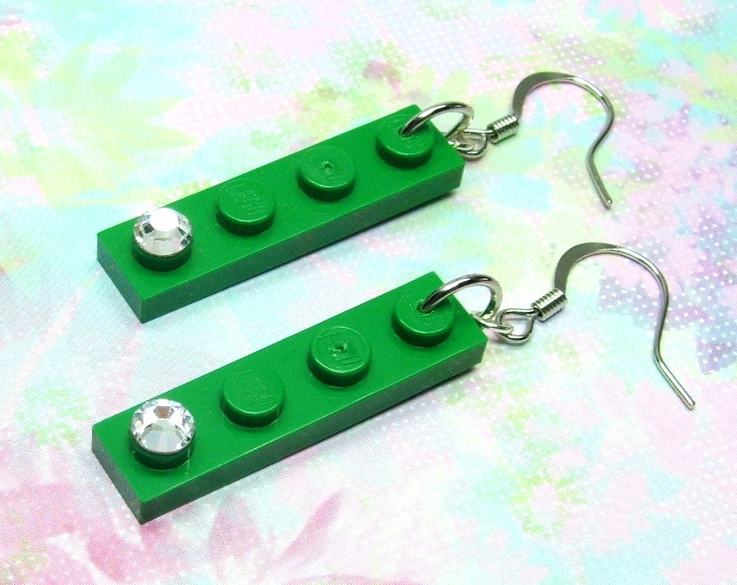 Green with Envy Chic Geek Earrings made from LEGO (r) Pieces and Swarovski Crystals