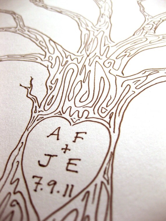 MEDIUM Wedding Guest Book Family Tree 20 x 16 Customizable Original Drawing Thumbprint Tree SEPIA Brown