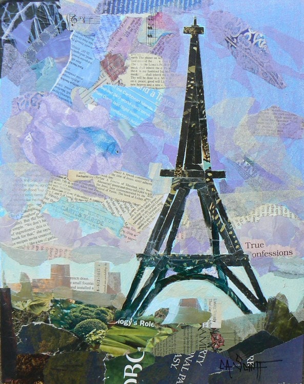 Eiffel Tower,  Collage, OOAK, 11x14, Vintage Papers, "Tour Eiffel", Paris SALE