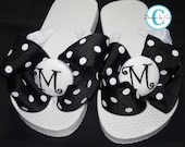 Polka Dot Monogrammed Bow Flip Flops , Choose your colors, Personalized with initial, Boutique Polka Bow Flip Flops, for girls and ladies