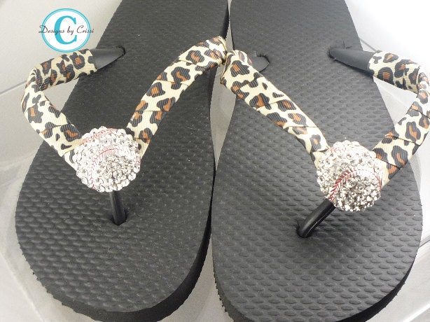 Leopard Baseball Softball Flip Flops Bling Rhinestone Buckle Player Mom Girl Boutique Sports Ribbon choose your ribbon and team colors