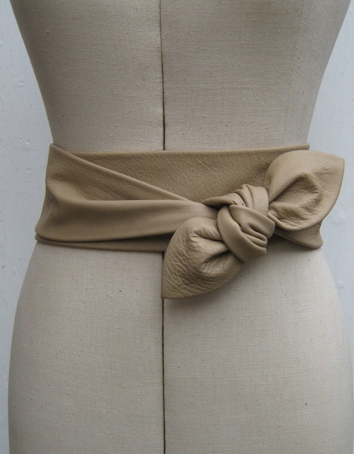 Nude beige leather petal wrap bow belt