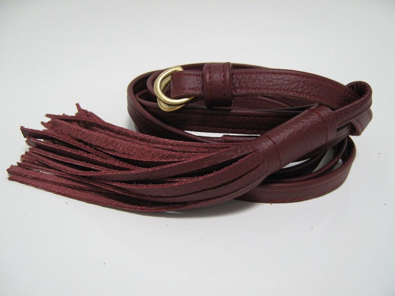 Burgundy leather tassel double wrap skinny belt