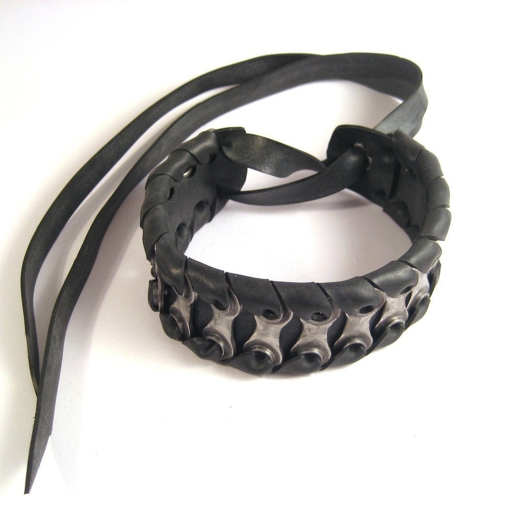 Long Bike Chain Cuff Recycled Bicycle Jewelry Mens Metal Steel Black Rubber Bracelet
