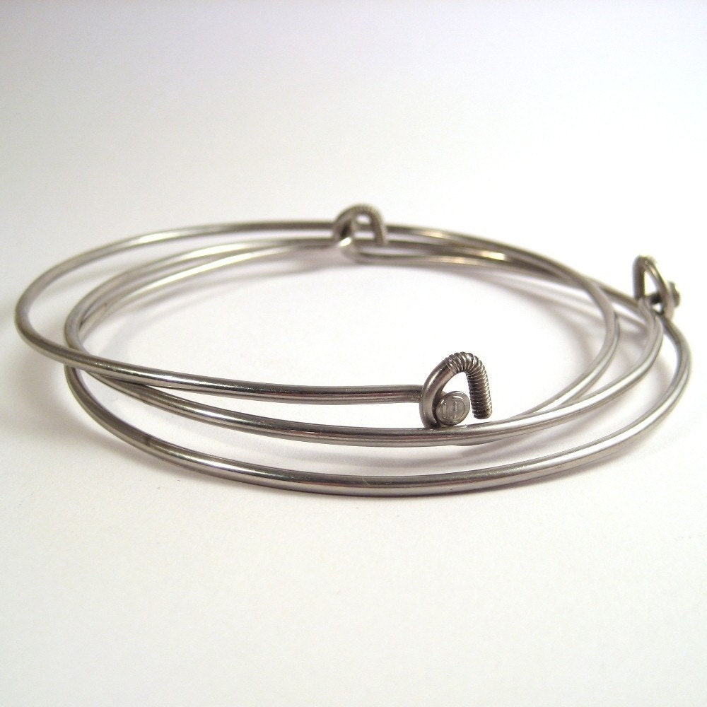 Recycled Bicycle Bangle - 3 Bike Spokes Upcycled Metal Bicycle Jewelry Silver Color Steel