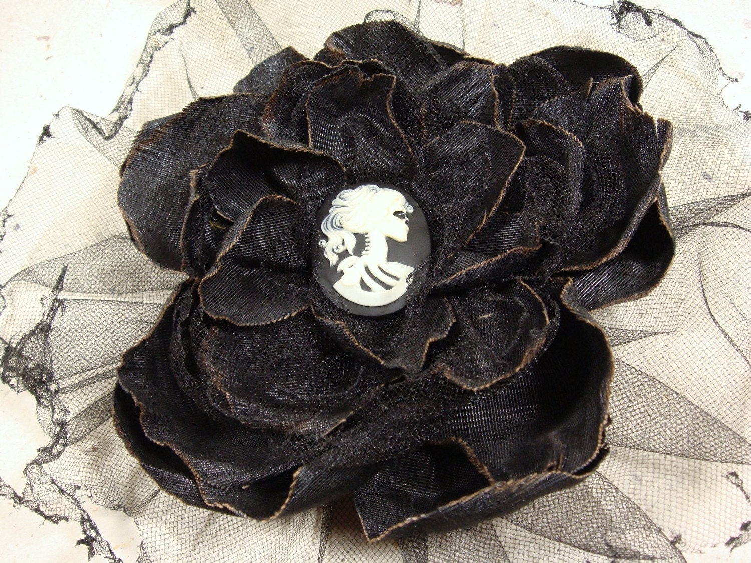 Skeleton Gothic Cameo Black Flower Brooch
