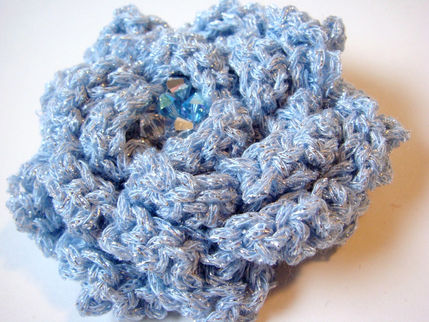 Crochet Swarovski Flower in Blue and Silver Sparkle