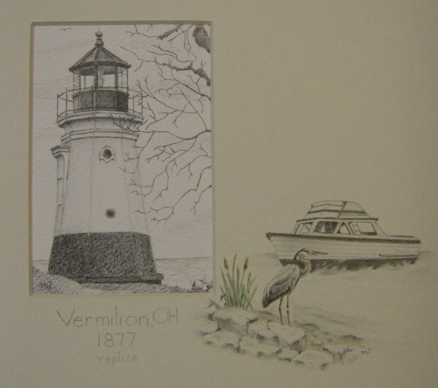 Lighthouse pencil drawing landscape shadowbox art assemblage nautical boat blue beach glass Vermilion,Ohio m3DrawingsPlus artist