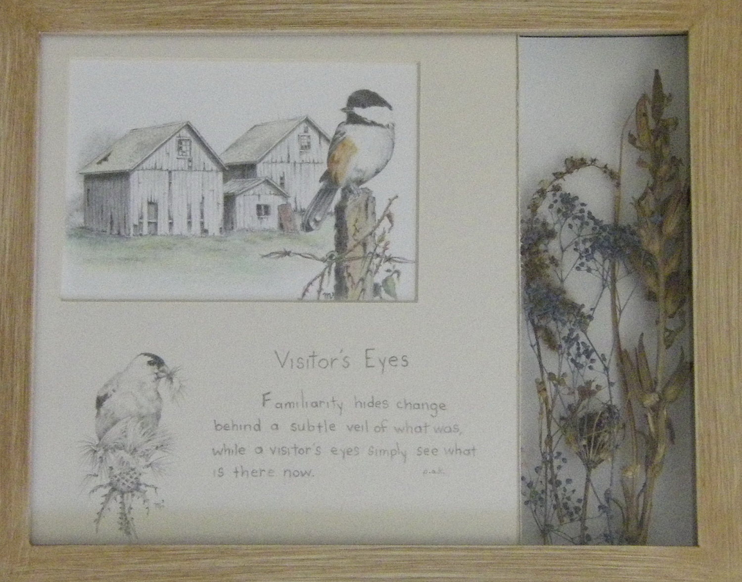 Handmade shadow box Ohio Etsy artist barn art pencil drawing old rustic barn country landscape chickadee wild flowers m3DrawingsPlus art