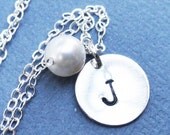Personalized Handstamped Sterling Silver Disc And Swarovski Pearl Necklace Bride Wedding Party Bridesmaids