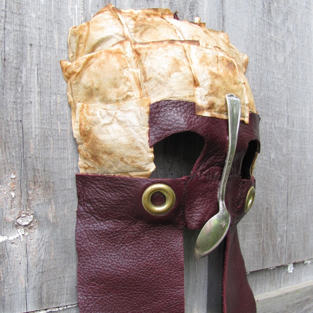 British Helm masquerade mask with brown leather, teabags and vintage spoon for men