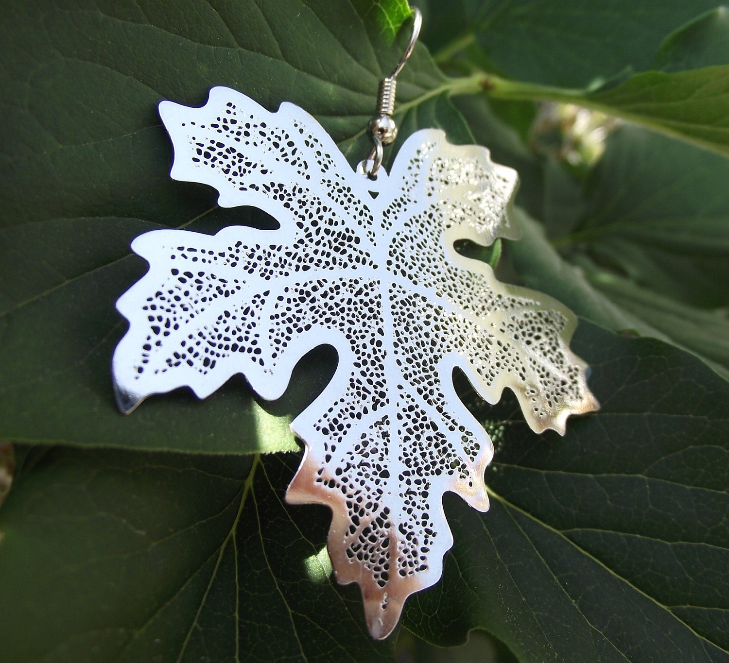 Large Silver Maple Leaf Skeleton Earrings, Silver Earrings, Leaf Earrings