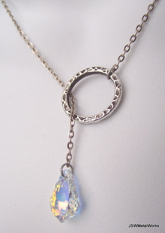 Baroque Swarovski Crystal O Lariat, Silver Necklace, Silver Lariat