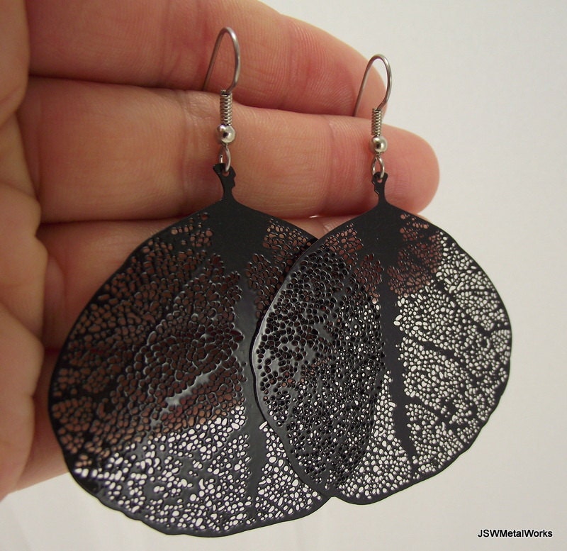 Large Smooth Round Leaf Skeleton Earrings, Black Earrings