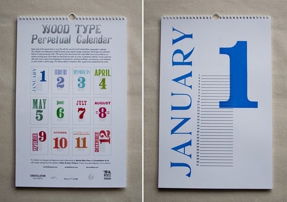 Letterpress Printed Wood Type Perpetual Calendar