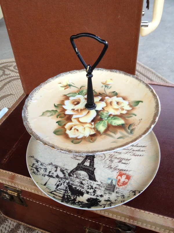 2-Tier Dessert/Jewelry Tray with Vintage Cream and Brown Rose China and New Bottom Plate with Paris Motif