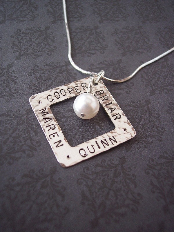 Custom Personalized SQUARE WASHER Hand Stamped Sterling Silver with Pearl