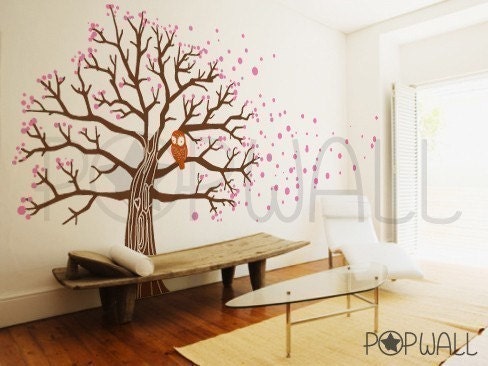 Tree Wall Decal Vinyl Wall Sticker Art - Owl on Blossom Tree Decal  - 045