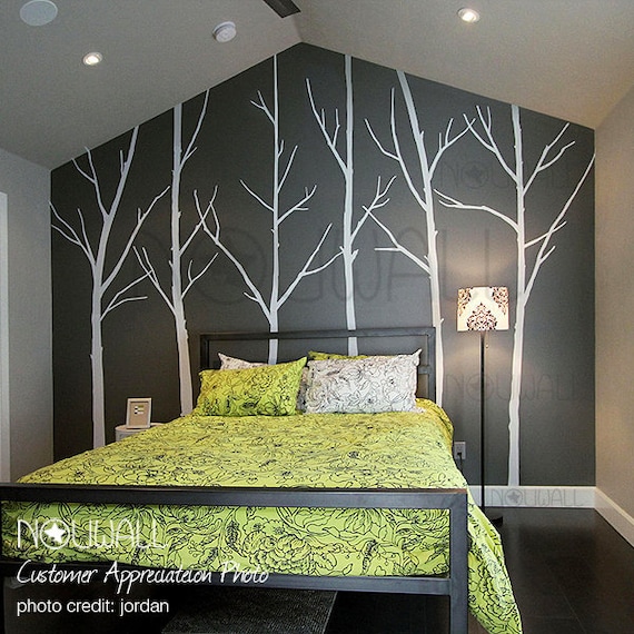 Vinyl Wall Decal Sticker Art - Winter Trees - set of 6 trees with 10 FREE FLYING BIRDS - 036