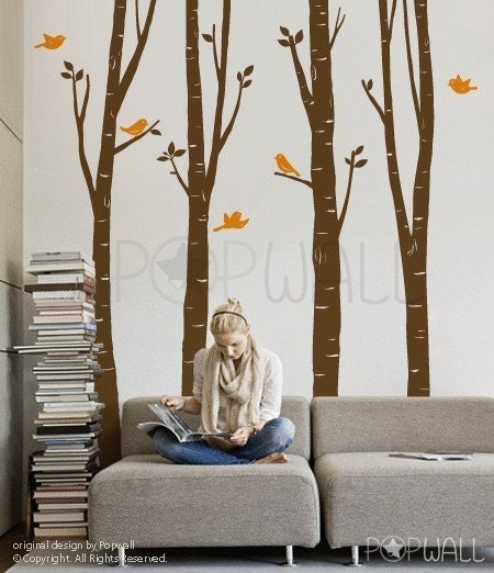 Wall Decal Sticker Art - Birch Tree Wall Decal - 10 FREE BIRDS -075