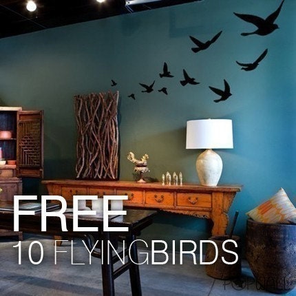 Vinyl Wall Decal Sticker Art - Winter Trees - set of 6 trees with 10 FREE FLYING BIRDS - 036