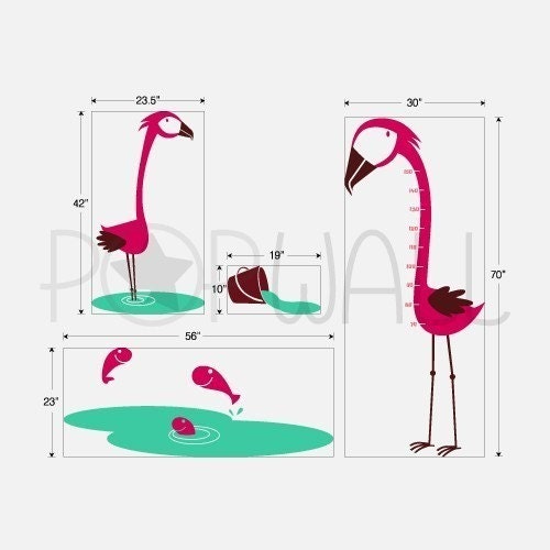 kids Growth Charts Wall Decal wall sticker Flamingoes decal n Fishes Animal Wall decals- 042