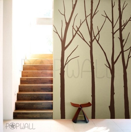 Vinyl Wall Art Sticker Decal - Winter Tree - set of 4 trees with 10 FREE FLYING BIRDS - 084