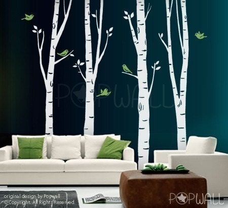 Tree Wall Decal Wall Sticker Art - Birch Tree Decal - EXTRA 10 FREE Flying Birds - 075