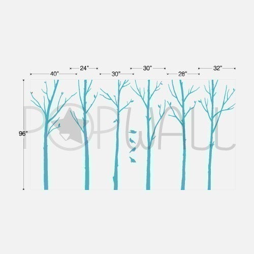 Vinyl Wall Sticker Tree Wall Decal Tree Decal Art - Leafy Winter Trees with birds - 6 trees - 037