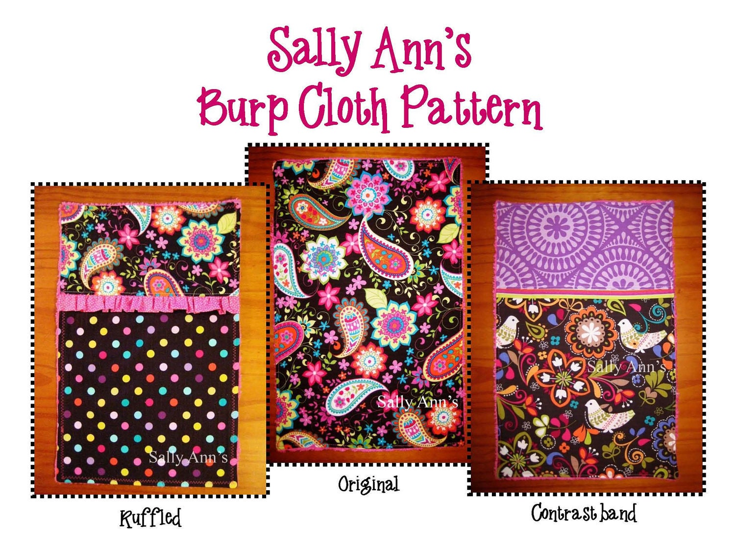 Burp cloth pattern - PDF Boutique burp cloth  - INSTANT DOWNLOAD - 3 styles